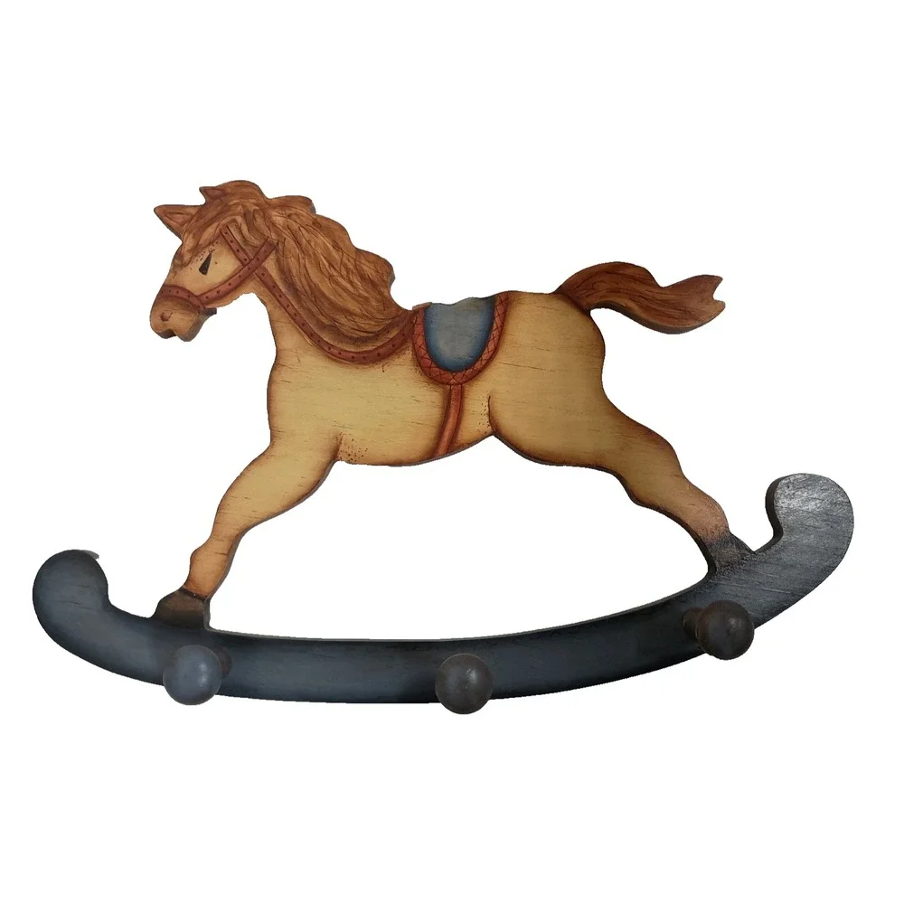 Vintage Hand Carved Wood Rocking Horse Wall Hanger 3 Hook Hand Painted